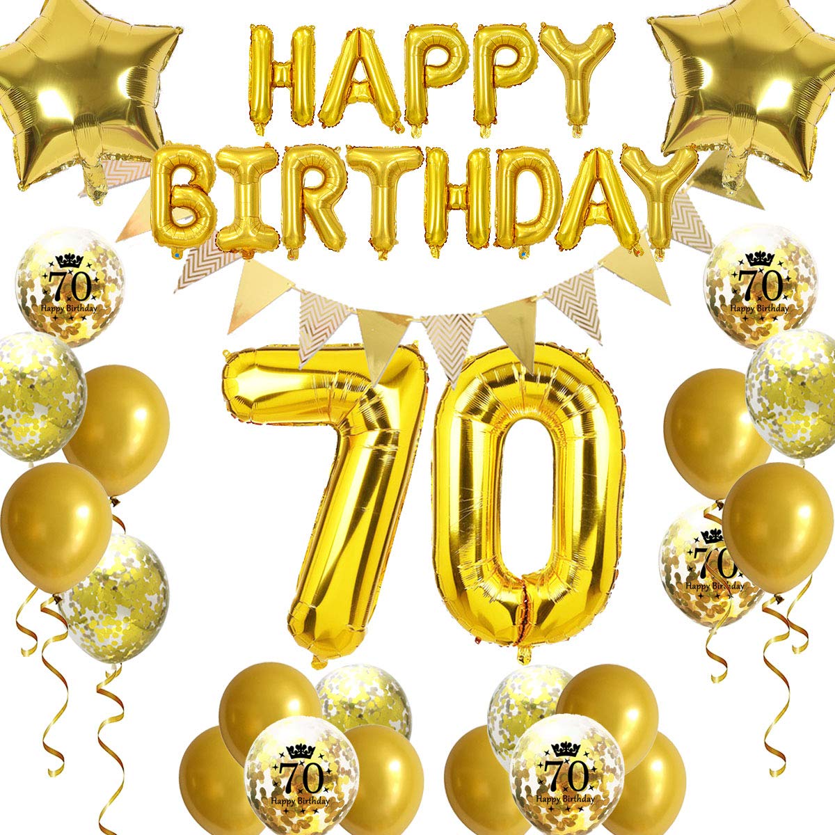 Fechy 70th Birthday Decorations Gold for Women Men, Happy Birthday Letter Balloons Pennant Banners 70 Birthday Balloons with Star Foil Balloons Confetti Balloons for Mum Dads 70th Birthday