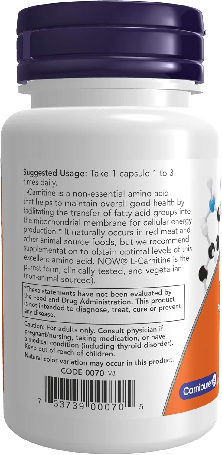 NOW Supplements, L-Carnitine 500mg, Purest Form, Amino Acid, Fitness Support*, 30 Veg Capsules: Health & Personal Care