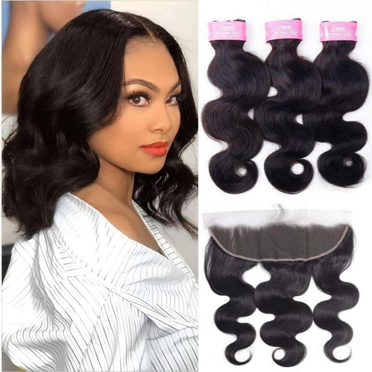 Sexycat Body Wave Bundles with 13x4 HD Lace Frontal Human Hair 10 12 14+10 Inch 100% Unprocessed Brazilian Virgin Hair Extensions Weave Weft Bundles with Lace Frontal