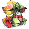 2 Tier Fruit Basket, Vegetable Basket for Kitchen, Detachable Metal Fruit Holder Fruit Bowl Stand with Wood Handle for Kitchen Counter Fruit and Vegetable Storage, Bread Basket, Snack Organizer