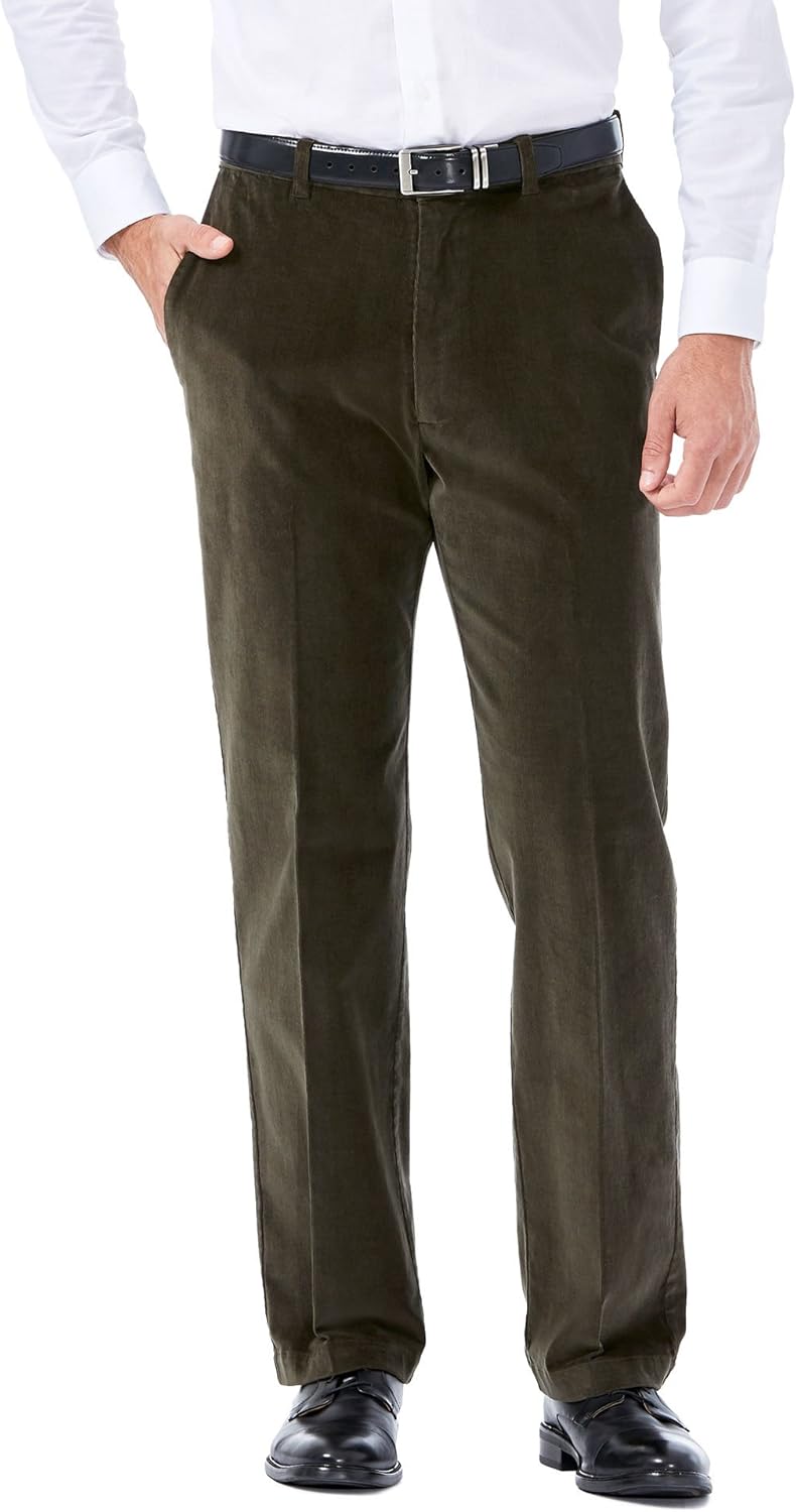 Haggar Pantalon pour homme en velours côtelé extensible taille extensible coupe classique uni