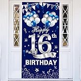 Turypaty Blue Silver 16th Birthday Door Banner Decorations, Happy 16 Birthday Door Cover Sign Party Supplies for Boys, Sweet 16 Year Old Birthday Photo Booth Backdrop