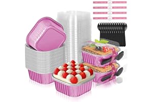 HEYYUMI 10oz Aluminum Foil Brownie Pans with Lids, 40 Pack Square Cake Pans, Disposable Ramekins Cupcake Cups Containers,Mini Cake Baking Pans,Large Muffin Tin Holder for Catering Gathering - Pink