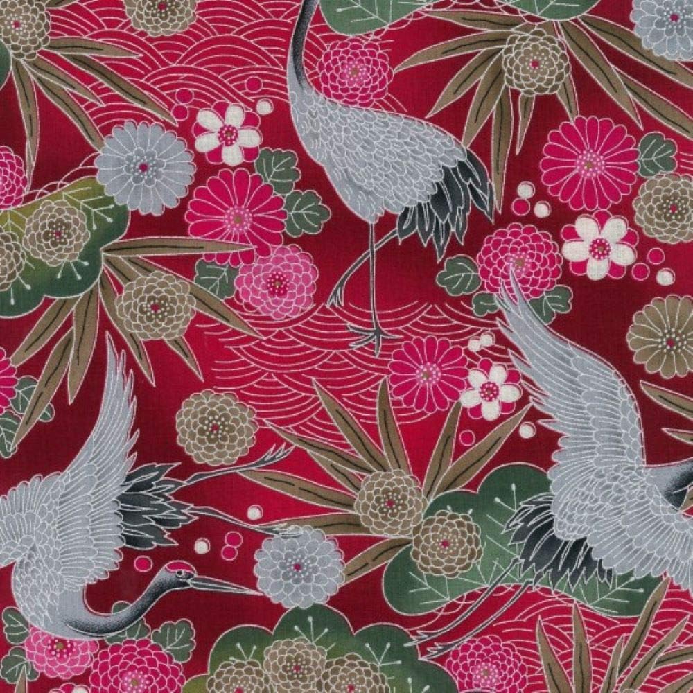 Plush Addict Metre Japanese Import - Koko - Cranes Red Metallic