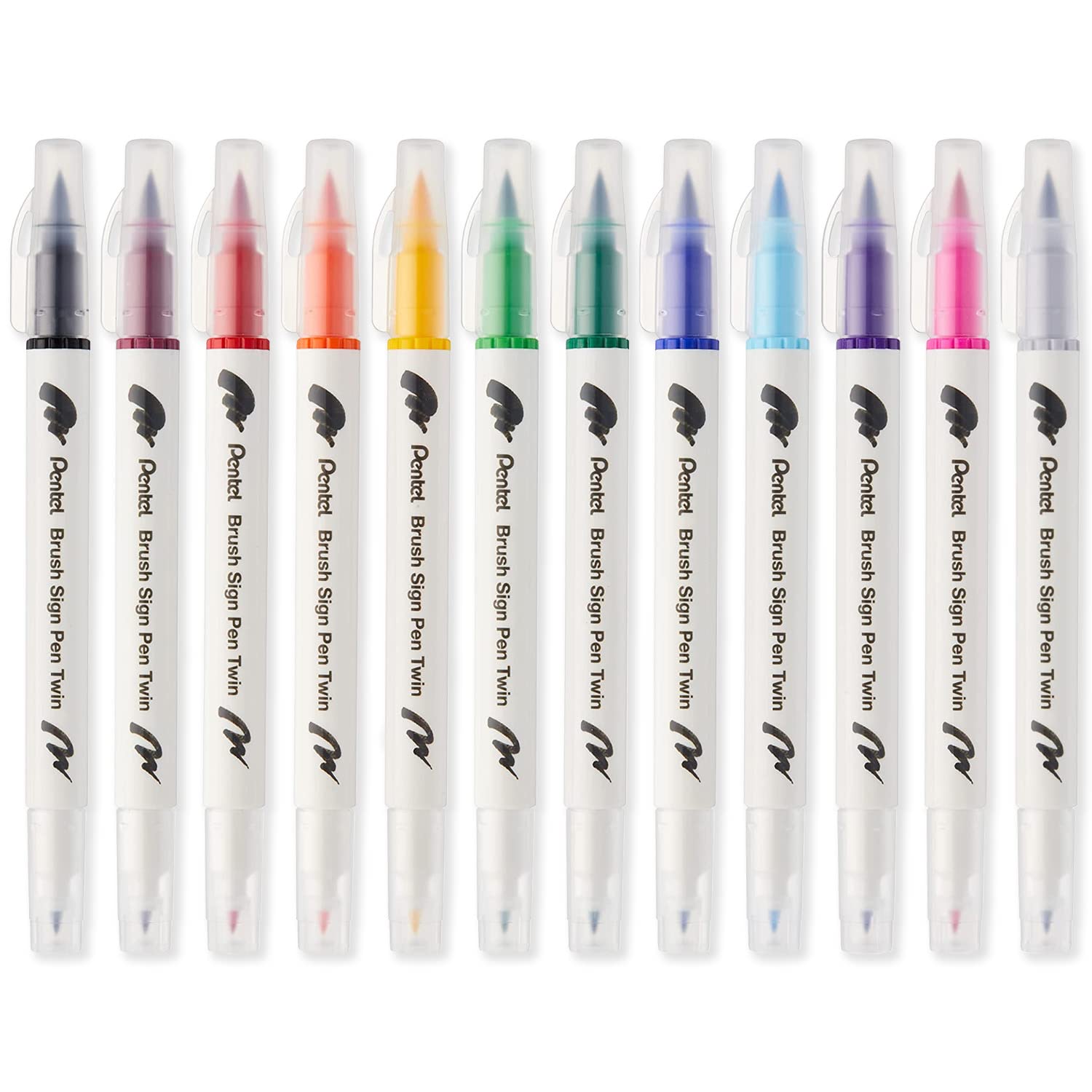Pentel SESW30C Brush Sign Pen Twin Fibre Tip Pen - Double Ended - Essential Pack of 12 - Black, Dark Red, Red, Orange, Yellow, Light Green, Green, Blue, Sky Blue, Violet, Pink & Silver Grey