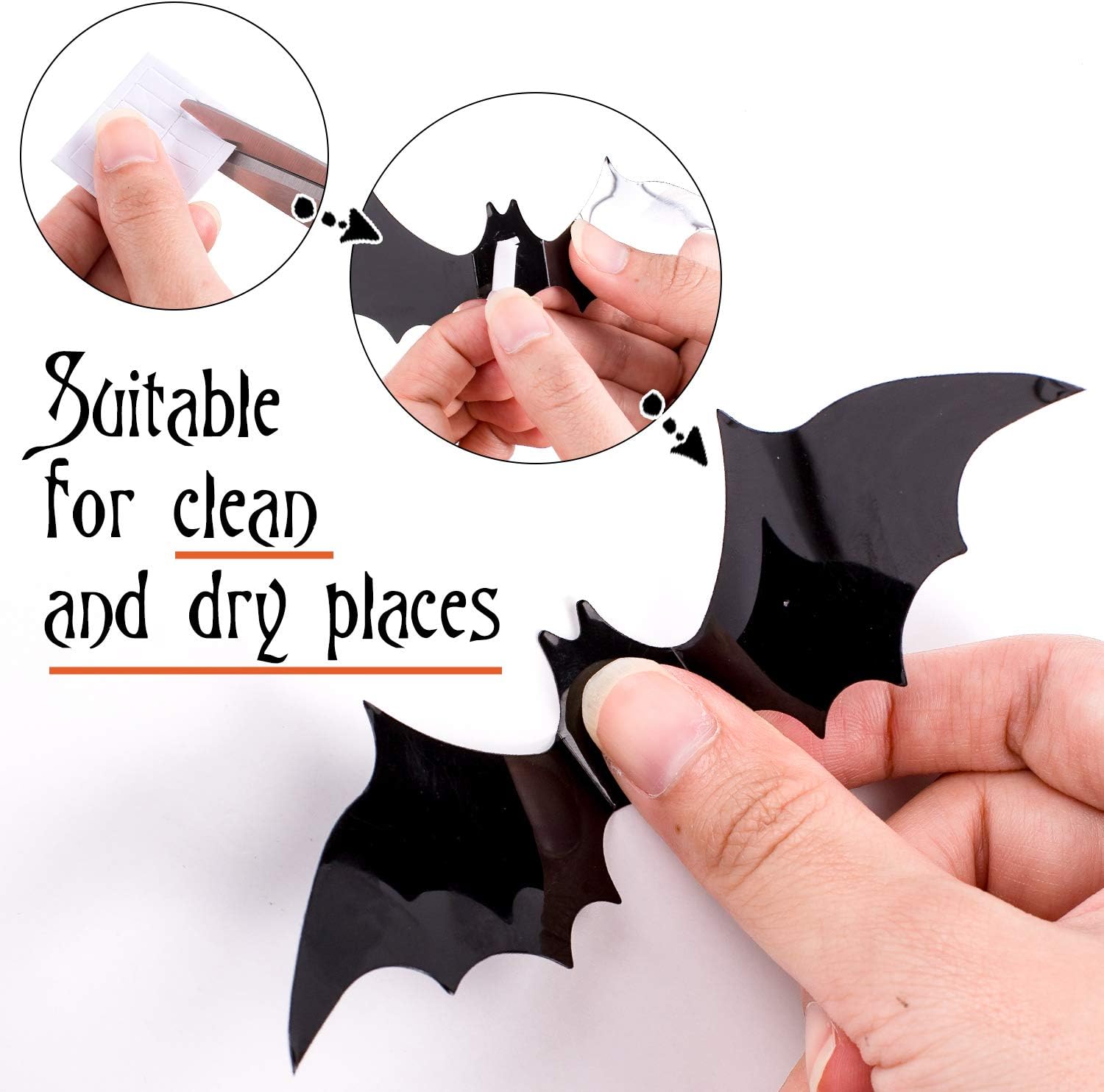 Whaline 72 Pack Halloween 3D Bats Stickers Plastic Wall Bat Decals for Home Window Decor Party Supplies (Black) - - 