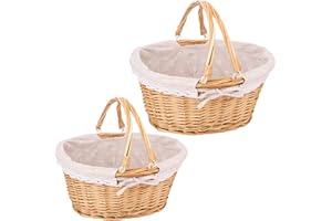 Geytetqi 2 Pack Natural Wicker Basket with Linen Lining, 14 & 12 Inch Wicker Woven Picnic Basket with Handle for Picnic, Camping, Outdoor Party