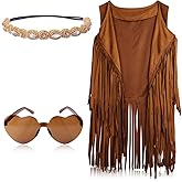 KINBOM 60s 70s Hippie Costume Set for Women, Bohemian Costume Accessories Set Fringe Vest Leopard Print Earrings Headband Heart Sunglasses (XXL)