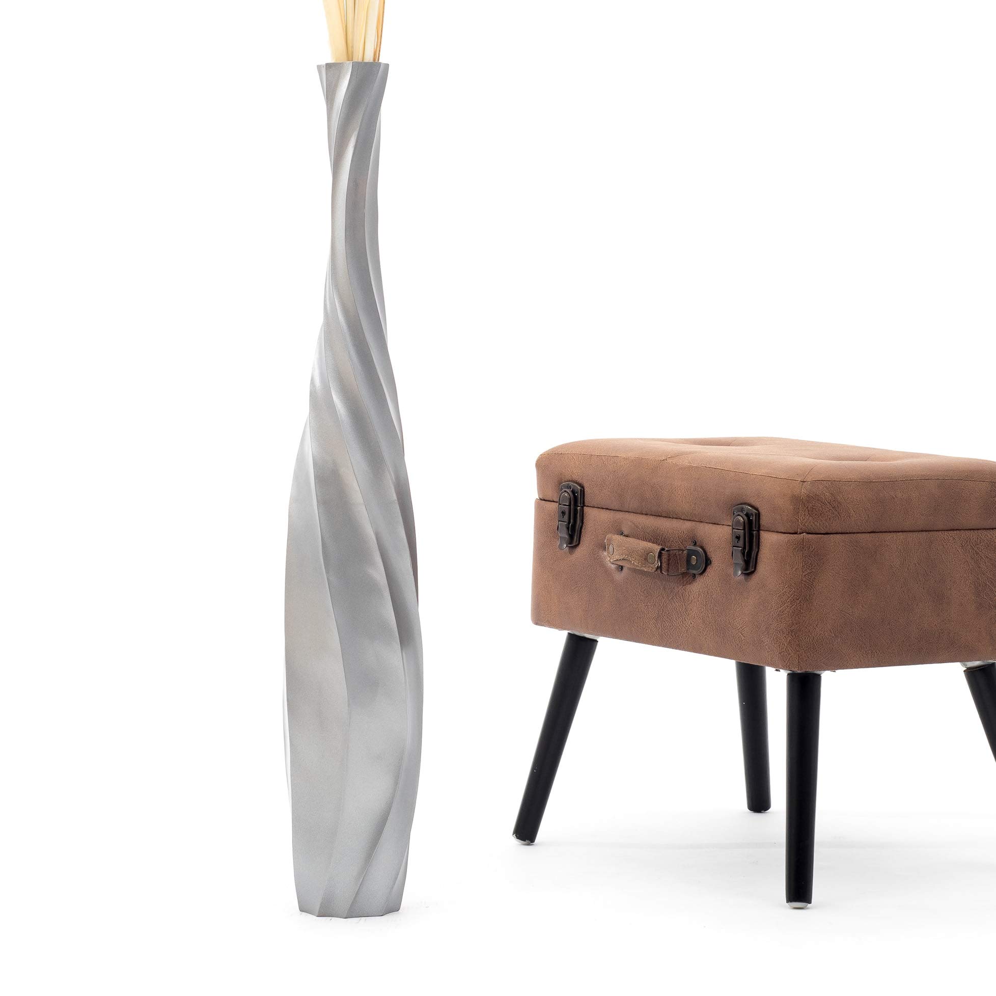 Leewadee Large Silver Home Decor Floor Vase - Wooden 85 cm Tall Farmhouse Decor Flower Holder For Fake Plant And Pampas Grass