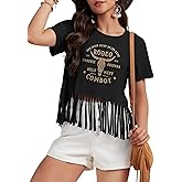 Women Graphic Tees Western Shirts Vintage Cowgirl Fringe Shirt Country Concert Tops Short Sleeve
