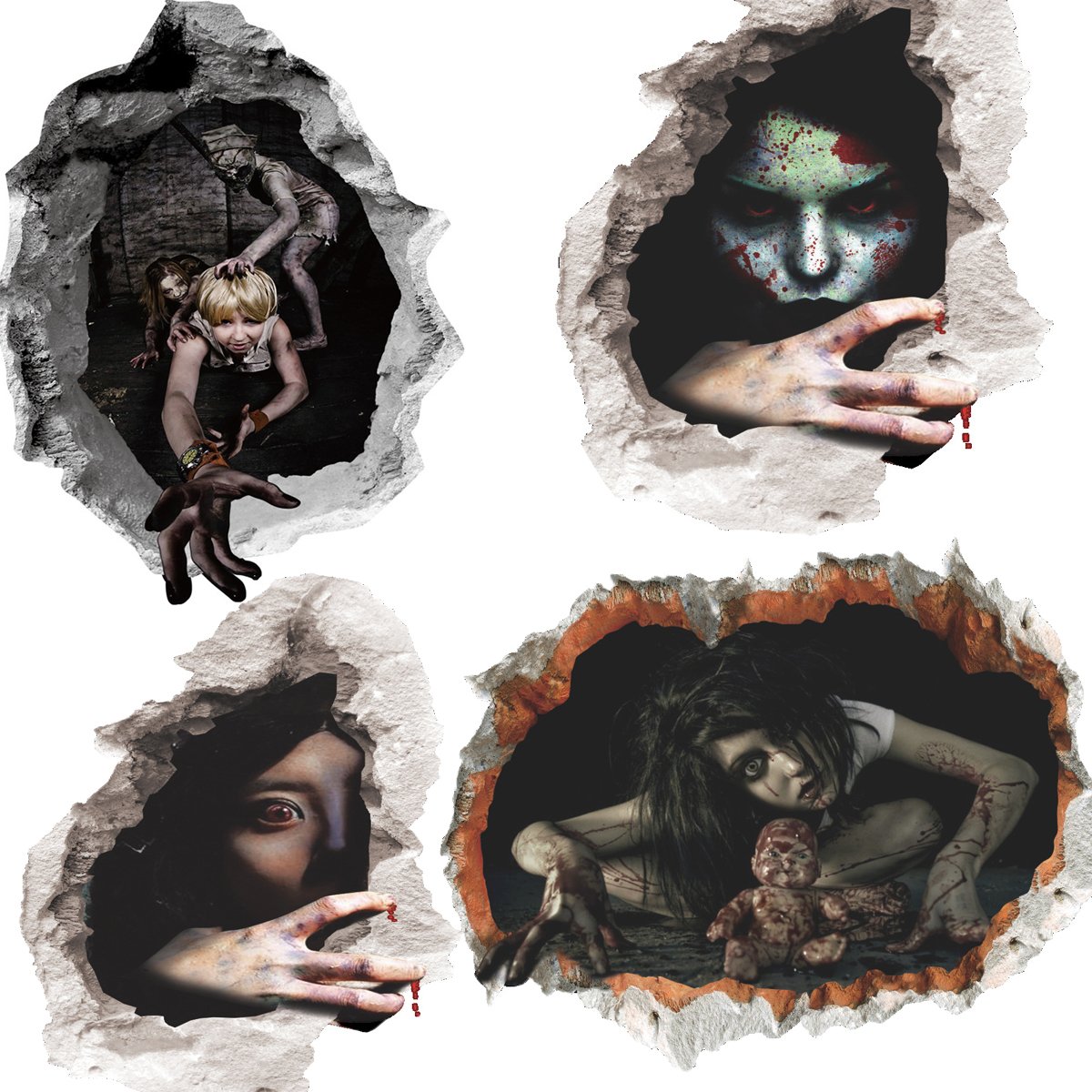 Lucky Shop1234 3D Halloween Horror Wall Decor Vivid Ghost Hand Scratching The Wall Cracked Floor Scary Wall Sticker Decal Removable Home Decoration Art Mural Wallpaper 4pcs