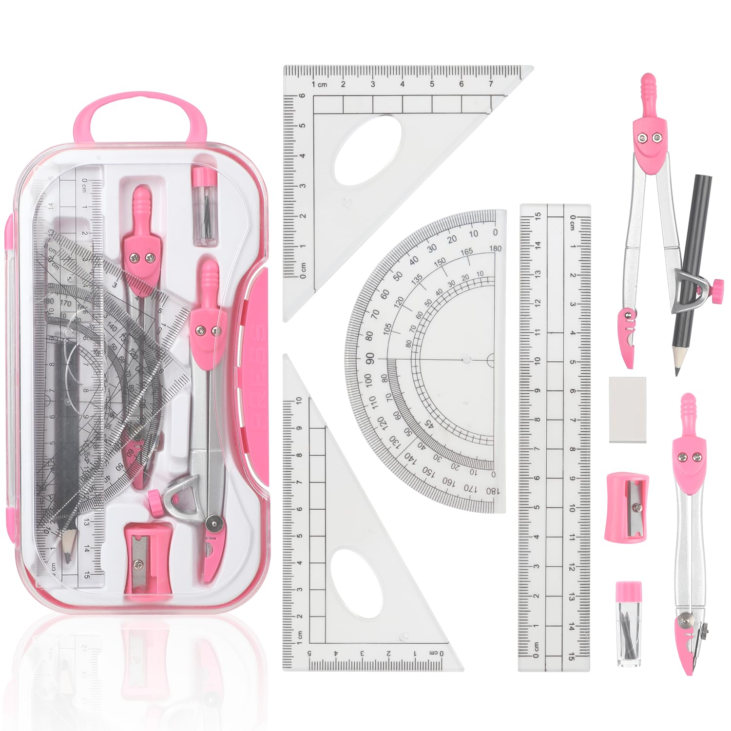 Maths Set | 10Pcs Geometry Sets Maths Sets for Secondary School | Protractor and Compass Set Compass Maths Ruler Set with Storage Box (Rose Red)
