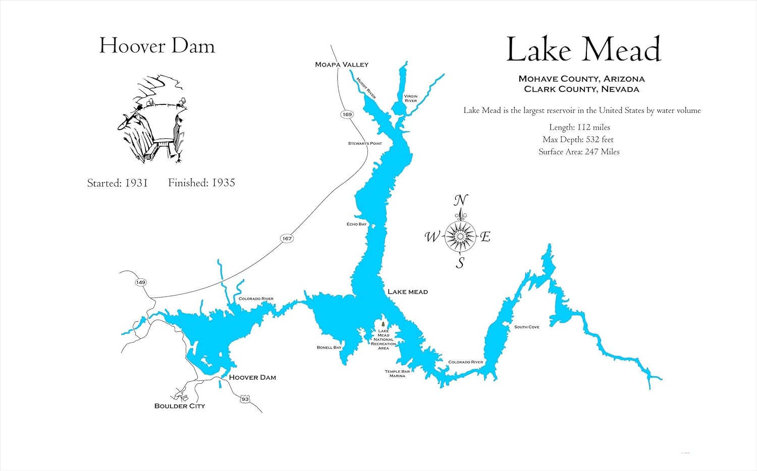 Amazon Com Lake Mead In Arizona And Nevada Framed Wood Map Wall Hanging Handmade