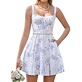 KUTUMAI Floral Corset Mini Dress Lace Up Flowy Graduation Dresses for Women Spring Summer Short Sundress with Pockets