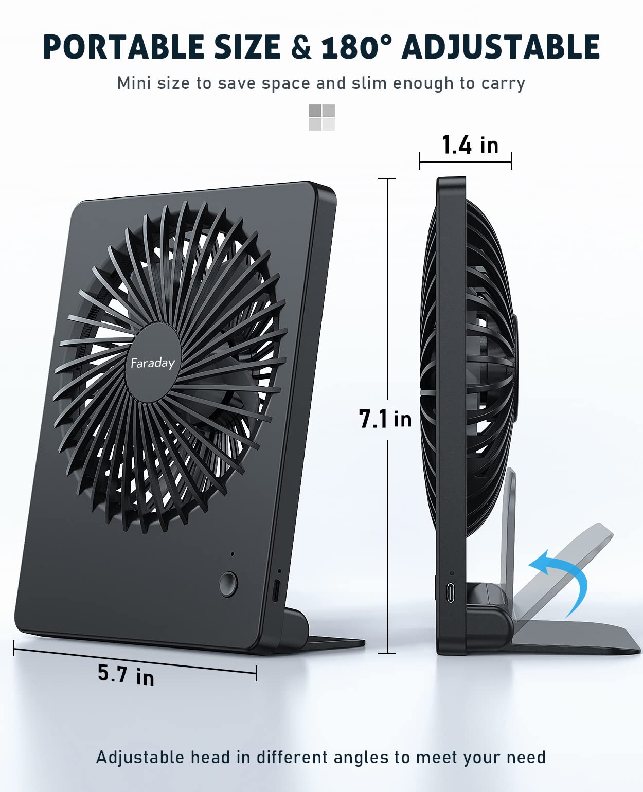 FARADAY Small Table Fans Rechargeable Portable 180°Tilt Folding Desk