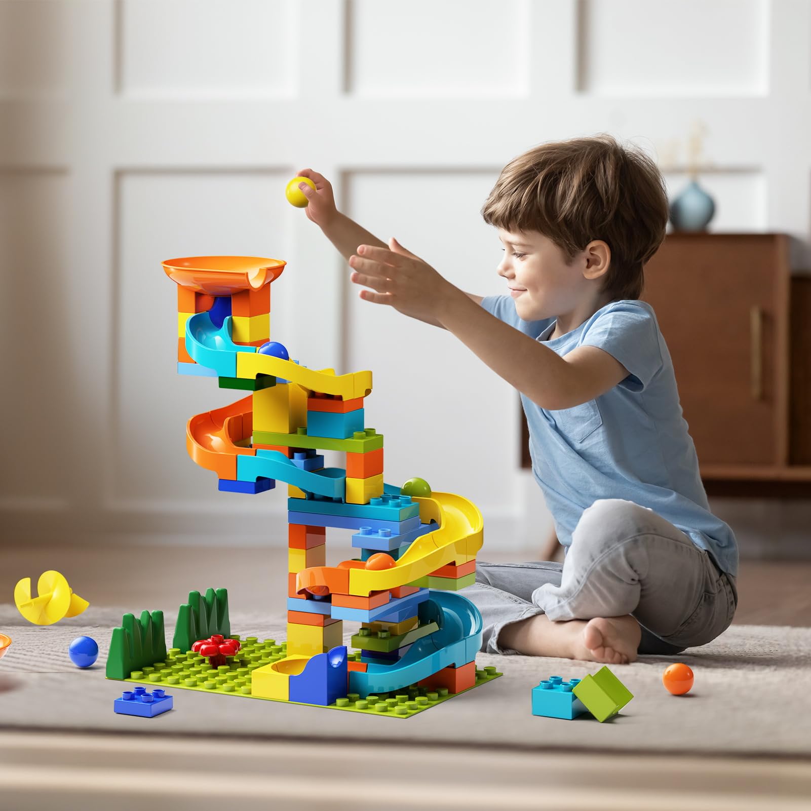 Electric Marble Run with Automatic Elevator Lift - STEM Building Toy for Kids Ages 4-8, 102 PCS Construction Set with 10 Marbles & Transparent Track, Compatible with Standard Building Blocks