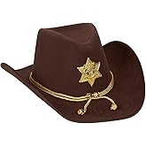 Juvale Felt Cowboy Sheriff Hat - One Size Fits Most, Brown - Gold Cowboy Hat with Star Badge & Braid for Men's Western Sheriff Costume & Party Accessory