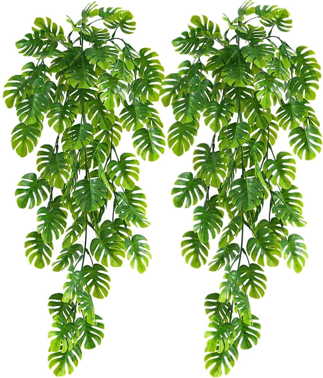 RECUTMS Artificial Hanging Plants Fake Monstera Leaves Ivy Vine Faux Greenery Tropical Palm 2 Packs UV Resistant Jungle for Garden Patio Indoor Outdoor Home Hawaiian Party Outdoor Decoration
