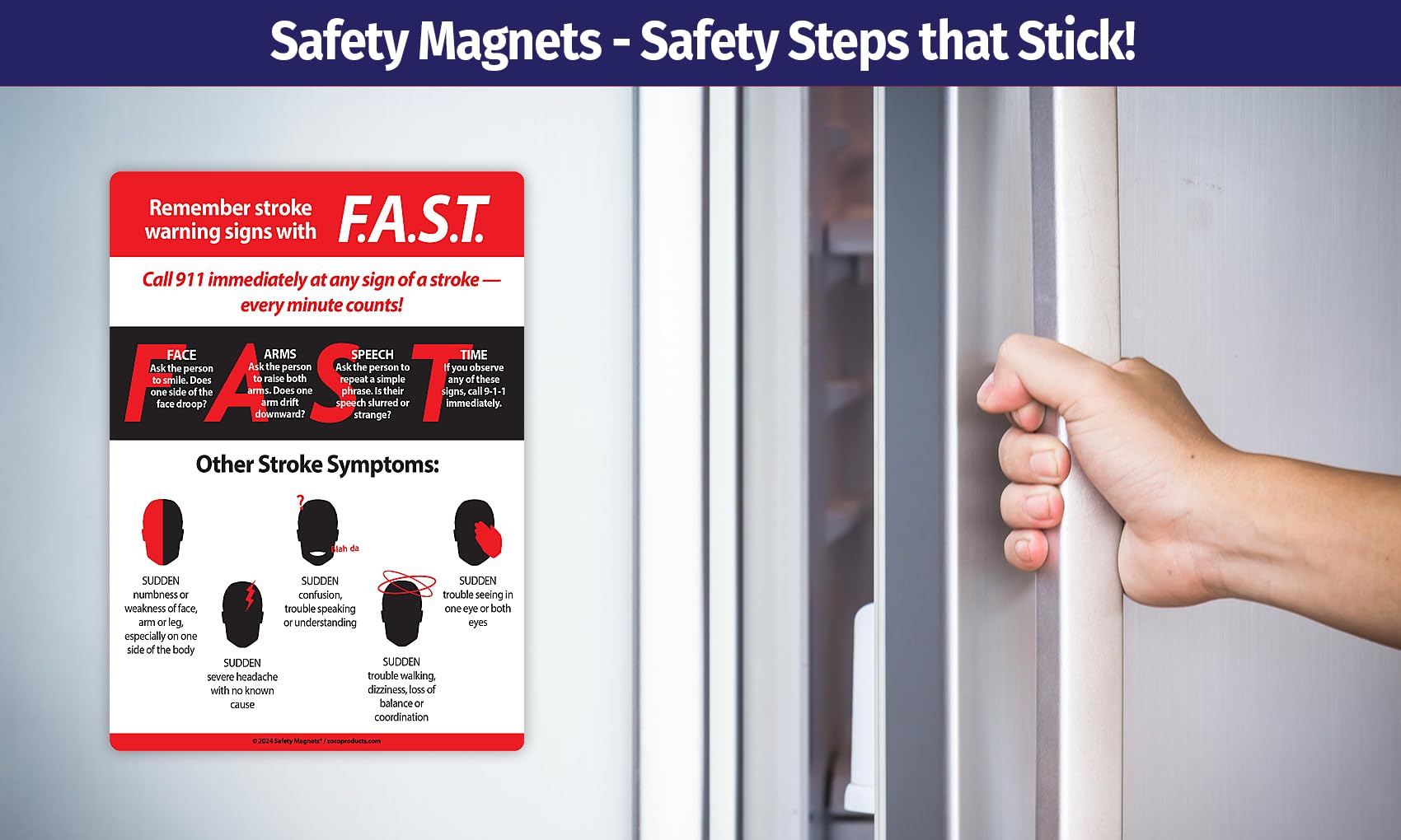Safety Magnets FAST Stroke Warning Signs & Symptoms Fridge Magnet — Emergency Info for Seniors — 5
