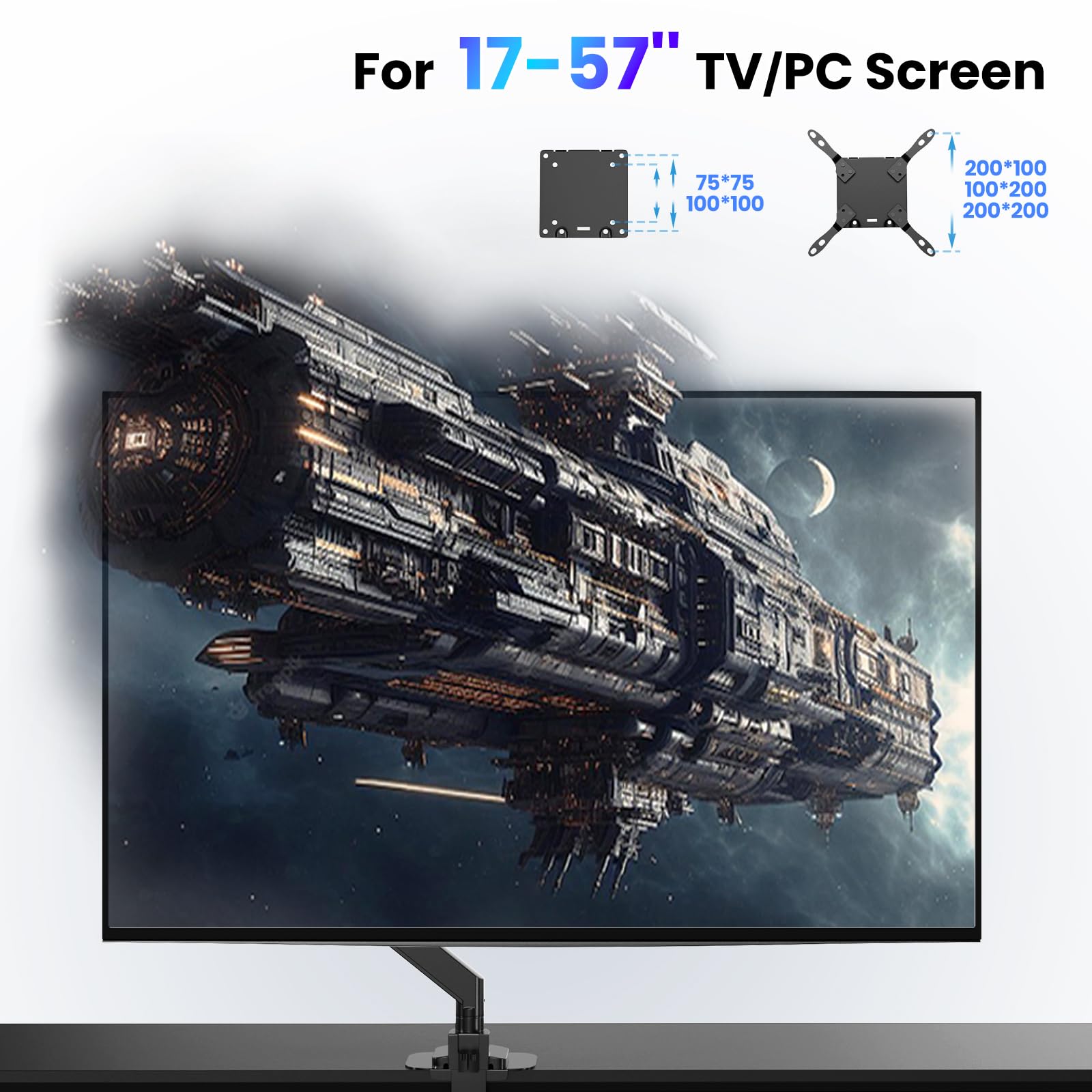 PUTORSEN 17-57 Zoll Monitor Halterung 1 Monitor, für Fernseher & Monitor bis 27 kg, Premium Aluminium Monitor Tischhalterung mit Gasfeder, Verstärkungsplatte, VESA Max bis 200x200 2