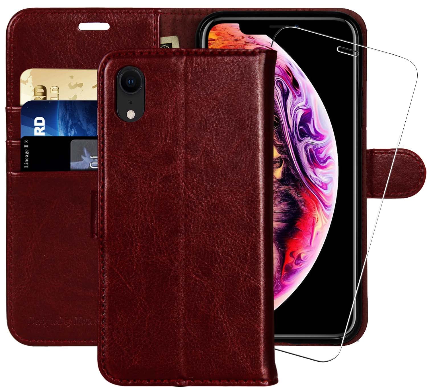 iPhone XR Wallet Case,6.1-inch,MONASAY [Glass Screen Protector Included] Flip Folio Leather Cell Phone Cover with Credit Card Holder for Apple iPhone XR,Burgundy — image 1