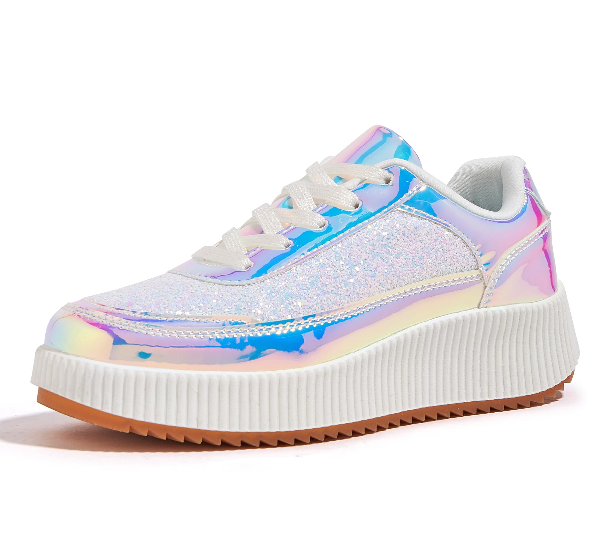 Photo 1 of **WORN/USED/DIRTY** LUCKY STEP Women's Platform Sneakers Rhinestone Fashion Chunky Casual Sparkly Retro Braided Walking Shoes (White Glitter 2,10 B(M) US)