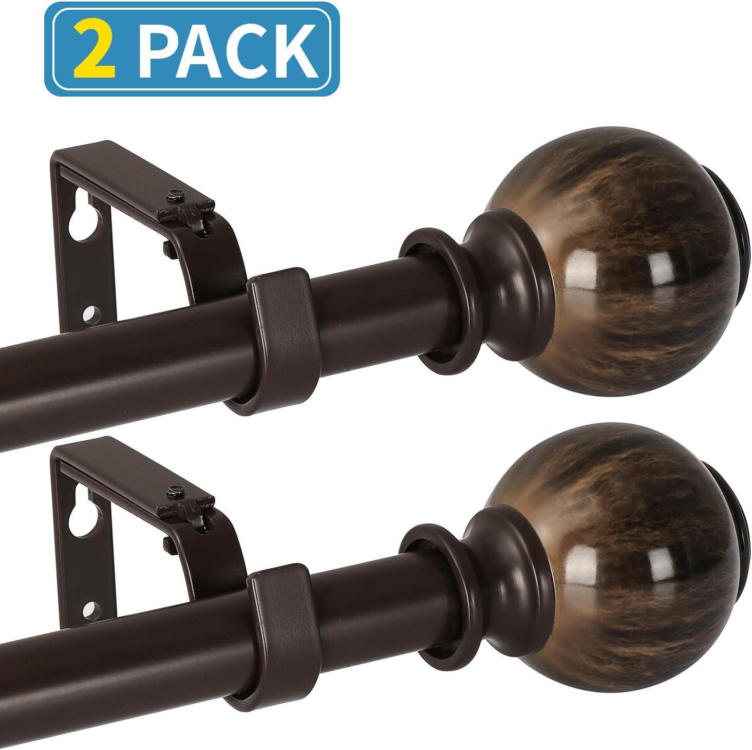 Oneach 2 Pack 48''-84'' Adjustable Curtain Rod 1'' Brown Extendable Metal Single Window Rod for Curatins with Decorative Imitation Marble Resin Twisting Finials Drapery Treatment Window Rods: Home Improvement
