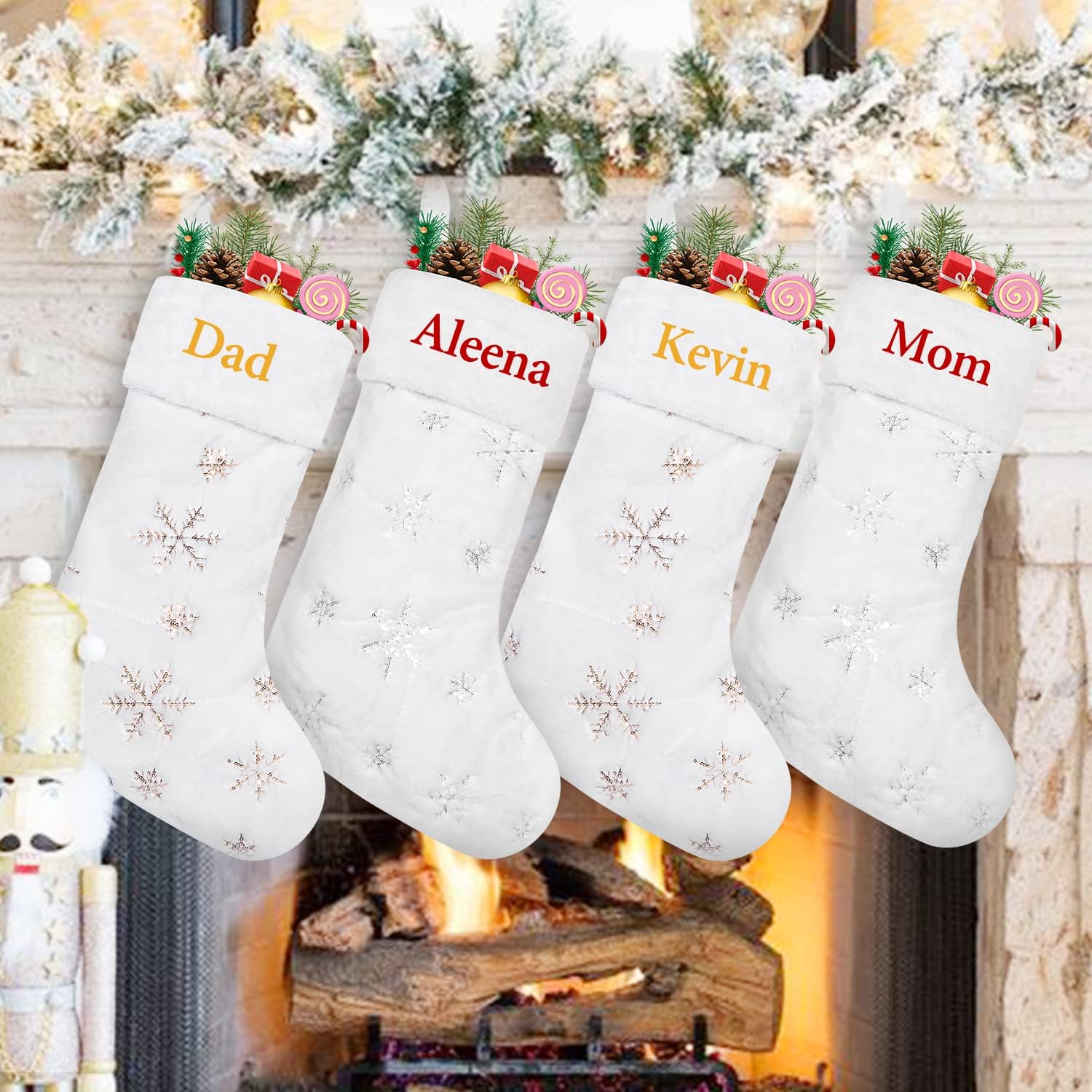Stockings & Holders - Ulico Personalized Christmas Stockings，18 Large Snowy White Faux Fur Plush Hanging CustomizeXmas Stockings with Silver Gold Sequin Snowflake for Family Holiday Xmas Party Decorations(1 Pcs)