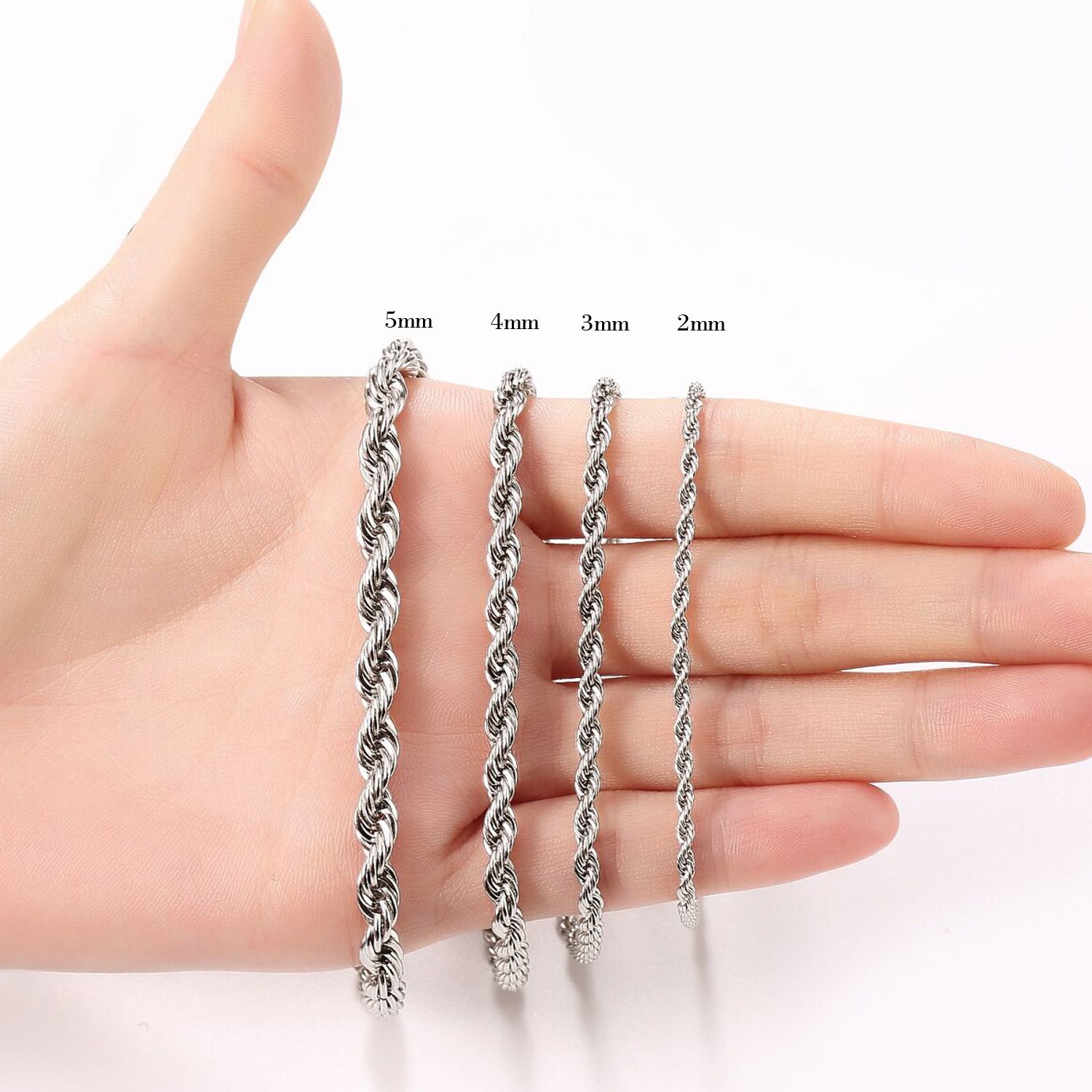 Kissyan Stainless Steel 2mm to 5mm Twist Rope Chain Necklace For Unisex Adult 16 to 32 Inch Option (3.0 mm-28 inch)