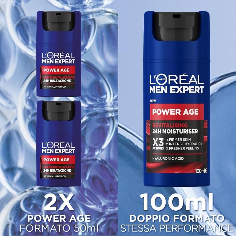 L'Oréal Paris Men Expert, Crema Rivitalizzante Power Age, 24H Idratazione, Con Acido Ialuronico, 100 ml