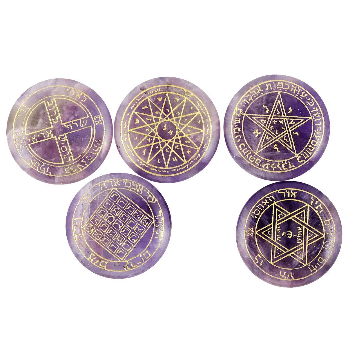 mookaitedecor Amethyst Crystal Witches Runes Set of 5, Healing Crystal Solomon Symbols Engraved Reiki Palm Stone Pagan Witch Room Decor Witchcraft Decor Wiccan Gifts for Meditation Amulet Talismans