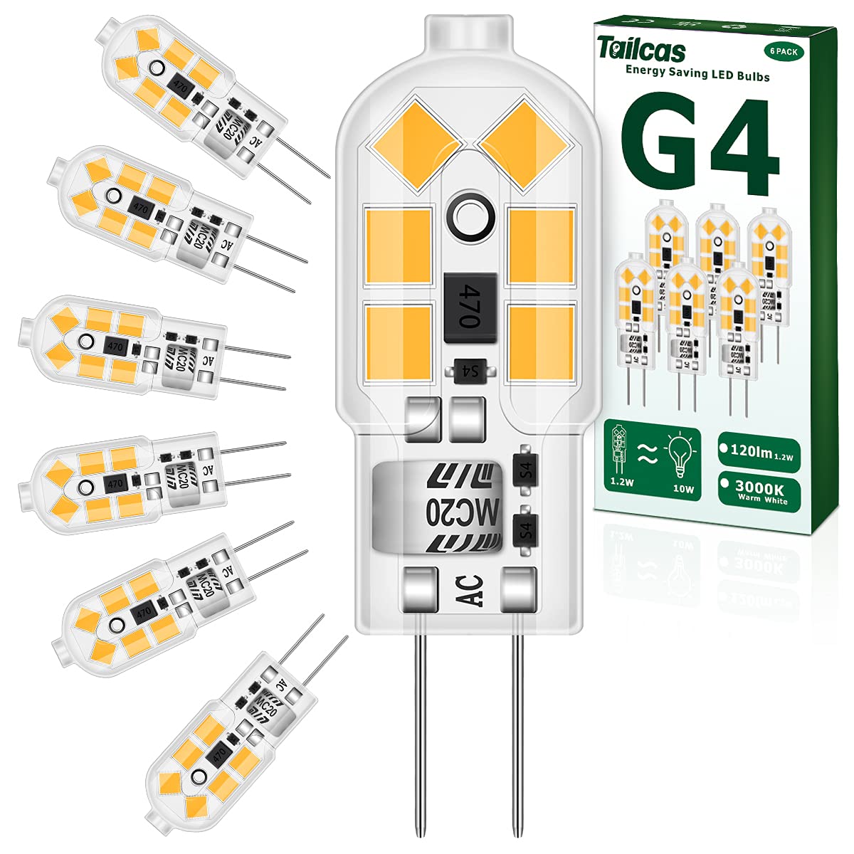 Tailcas G4 LED Bulbs 1.2W, AC/DC 12V, Warm White 3000K, Equivalent 10W G4 Halogen Lamp, 120LM, No Flickering Energy Saving Capsule Light Bulb for Home-Lighting