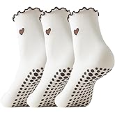 Digoon 3 Pairs Pilates Socks with Grips Non-slip Ruffle Cute Heart Yoga Grip Sock for Women
