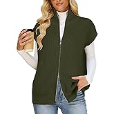 Koscacy Sweater Vest for Women Zipper UP Cap Sleeve Knit Cardigan Outerwear Vest with Pockets
