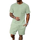 Bealin Men's Summer Beach Outfits 2 Piece Vintage Short Sleeve T Shirts and Shorts Vacation Texture Sets