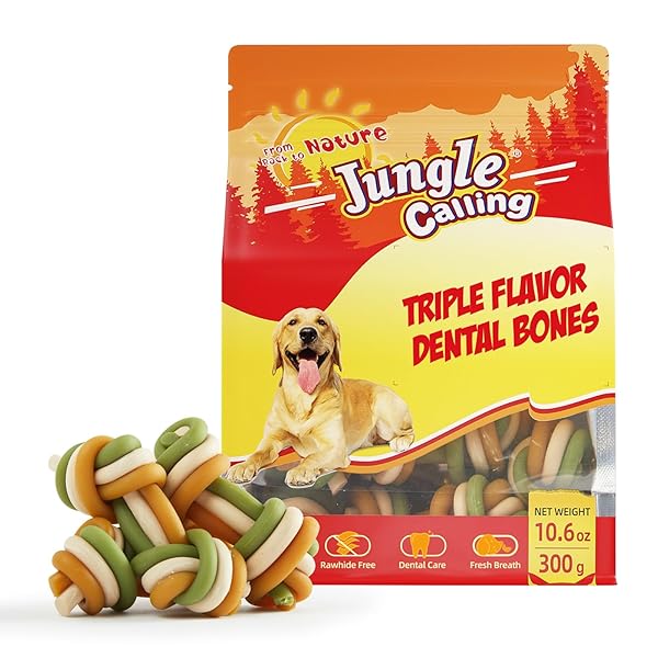 JUNGLE CALLING RAWHIDE FREE DOG DENTAL TREATS, TRIPLE FLAVOR DENTAL CHEWS FOR DOGS, EASY TO DIGEST, TEETH CLEAN DOG BONES FOR SMALL DOGS, 10.6 OZ