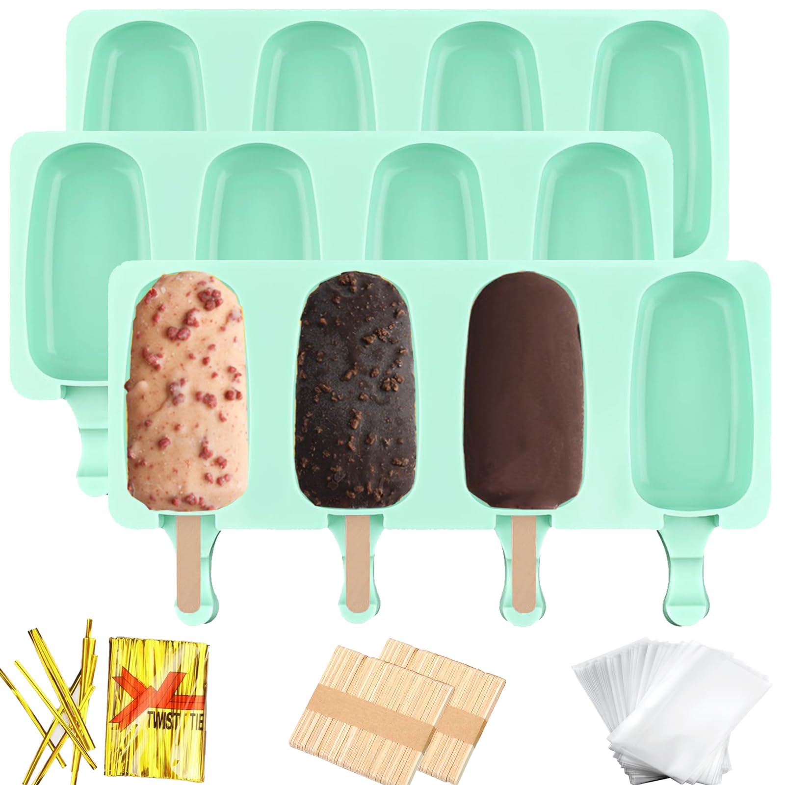 Photo 1 of 3pcs Large Silicone Popsicle Molds Set,BZIDII 4 Cavities Cake Pop Molds,Oval Ice Cream Bar Mold Ice Pop Cakesicle Molds Silicone with 100 Wooden Sticks & 100 Bags &100 Twist Ties(Green)