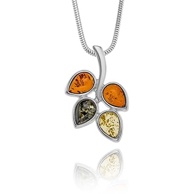 Copal Damen Bernstein-Kette Sterlingsilber Blumen - Anhänger Mehrfarbig Längen-verstellbar Schmucketui Besondere Geschenke fü