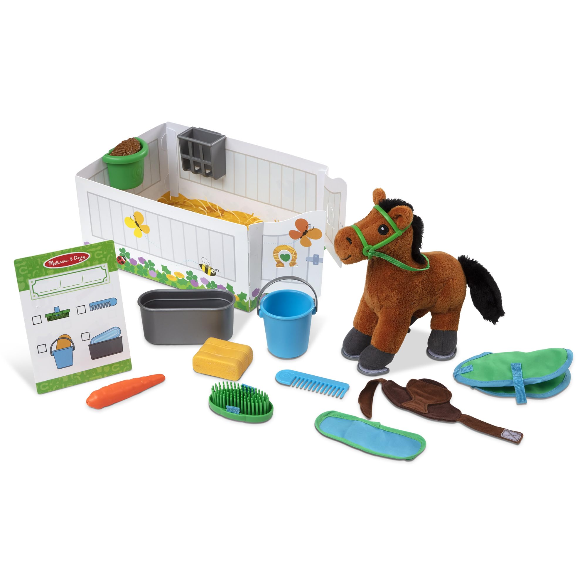 Melissa & Doug Feed & Groom Horse Toy − Animal Care Role Play Set for Children | With Stable & Plush Pony | Age 3+