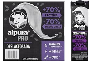Alpura Pro con extra proteína Deslactosada Ultrapasteurizada en Paquete de 12 piezas de 1 Litro cada una, Fuente de proteína y Calcio, baja en grasa, adicionada con Vitaminas A y D