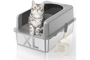 MLIKLU Stainless Steel Cat Litter Box, Extra Large Enclosed Litter Boxs for Big Cats, XL Metal Litter Box with Lid, High Sided, Non Stick, No Smell, Easy to Clean, Included Scoop
