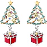 Sterling Silver Christmas Tree Earrings Christmas Clip On Earrings for Women Dangling Holiday Xmas Jewelry Gift