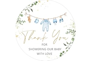 Whaline 100Pcs Baby Shower Clothes Thank You Stickers 2 Inch Cute Blue Clothes Round Adhesive Label Decals for Boy Birthday Party Decorations