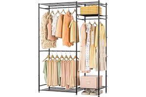 NEPROCK Portable Closets for Hanging Clothes, Freestanding Clothing Rack with 3 Hang Rods & 5 Shelves, Metal Wardrobe Garment Rack for Bedrooms Entrances