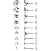 Wrlcorly 9 Pairs Threadless Flat Back Stud Earrings For Women Men Stainless Steel Stud Earrings 20G Cubic Zirconia Push in Barbell Cartilage Earrings Set 2-10MM Silver Plated