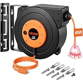 VEVOR Retractable Extension Cord Reel 45 FT 12AWG/3C SJTOW Cord Heavy Duty | Automatic Retractable with Lighted Triple Tap Outlet, 15 Amp Circuit Breaker, 180&deg; Swivel Bracket, for Ceiling or Wall Mount