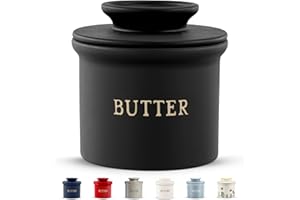Kook Butter Crock with Lid, Soft Spreadable Butter, Ceramic French Butter Keeper to Leave On Counter with Water Line, Butter Dish, Home and Kitchen Decor, Perfect for Christmas Gift (Black)