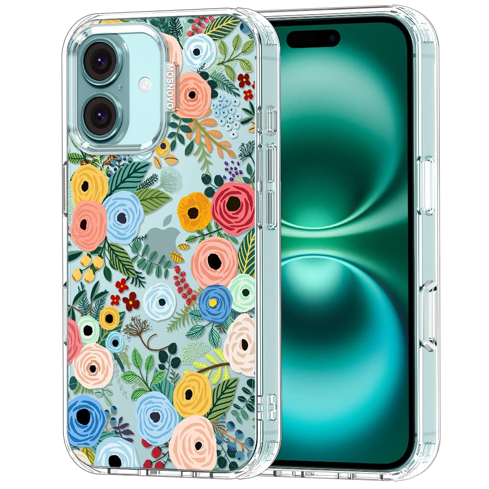 MOSNOVO Case for iPhone 16 Plus, [Buffertech 6.6ft Military-Grade Drop Protection] [Anti Peel Off Tech] Clear TPU Bumper Phone Case Cover Design - Pastel Floral Garden