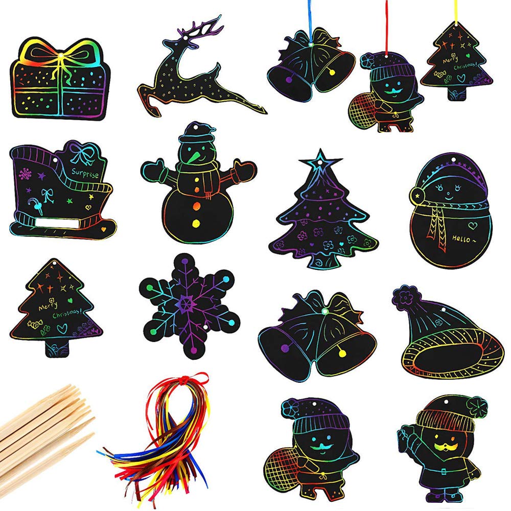 48Pcs Christmas Scratch Craft Kit,Christmas Scratch Paper Scratch Art Magic Scratch Paper Scratching Art Set Christmas Ornaments Hanging Craft Art Kits with 48 Pcs Ribbons and 20 Pcs Wooden Styluses