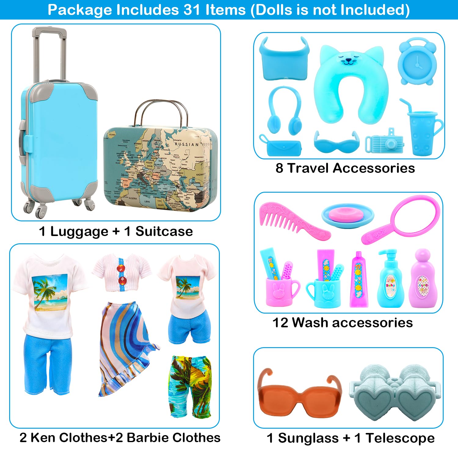 Miunana 29pcs Doll Travel Clothes and Accessories Blue Trunk Suitcase 2 Girl Clothes 1 Boy Doll Clothes 8 Life Accessories 12 Wash Accessories Telescope Sunglasses